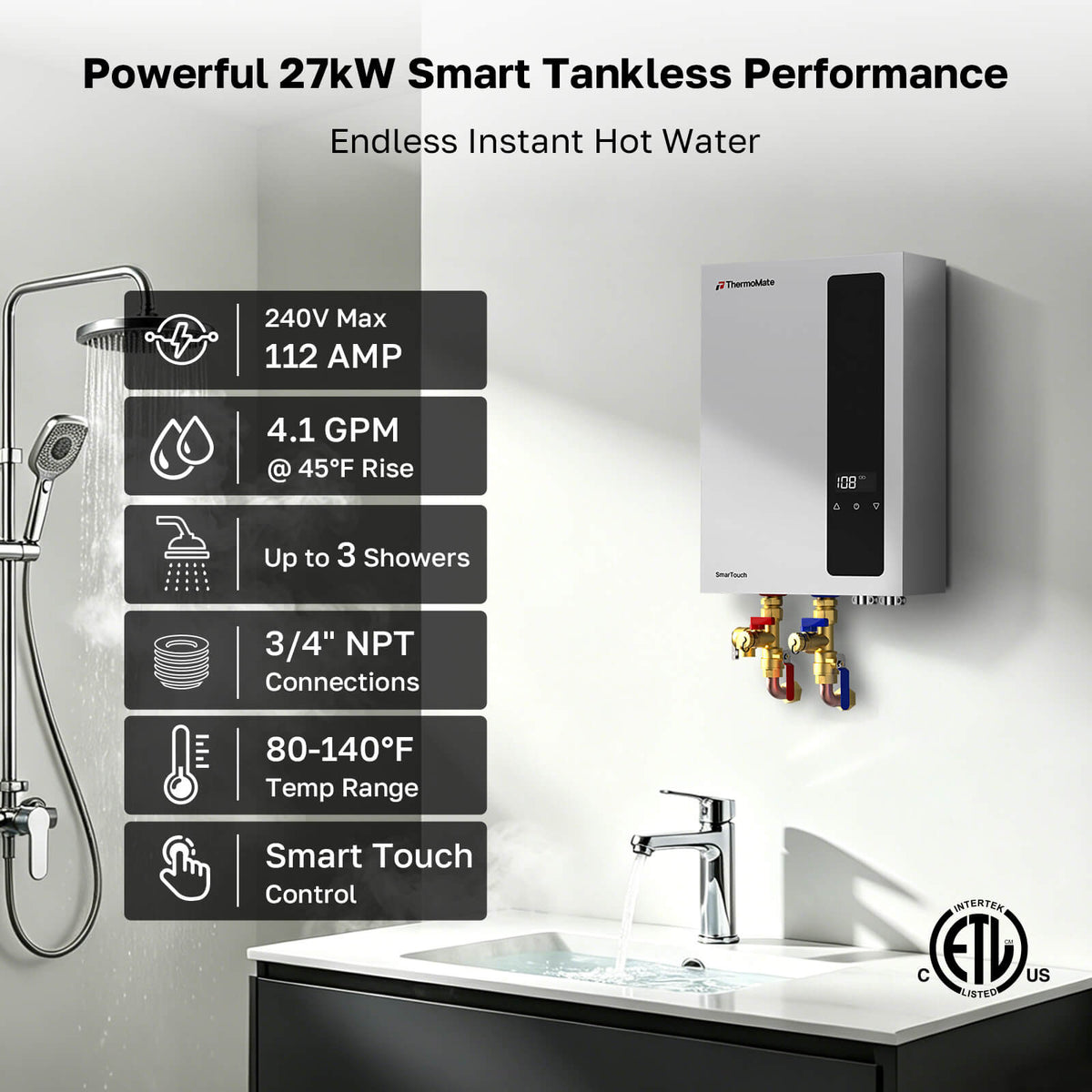 ThermoMate EH270 27kW 240V smart tankless water heater with 80-140°F temperature range and 3/4 inch NPT connections