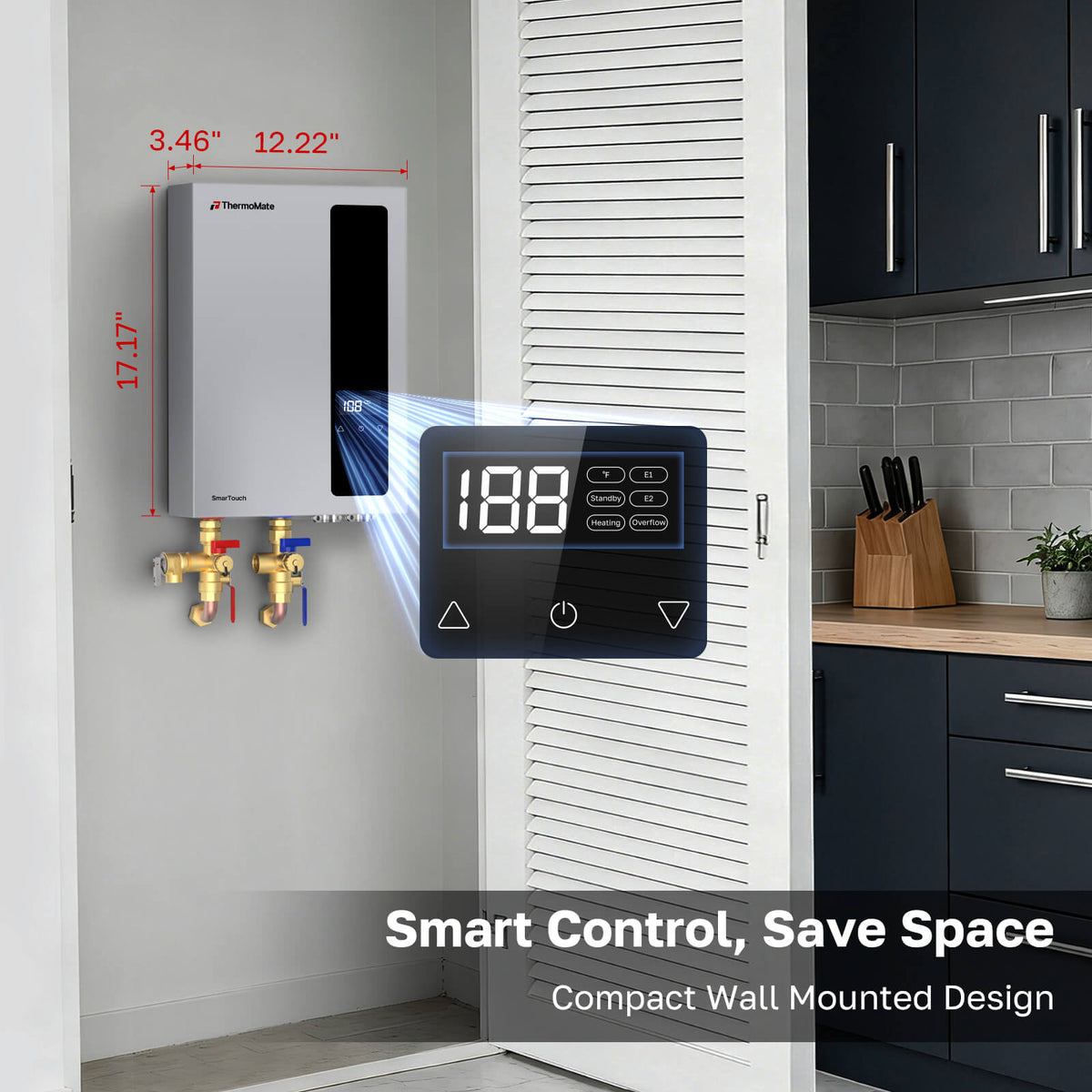 ThermoMate EH270 compact wall-mounted tankless water heater with smart touch control and space-saving indoor installation design