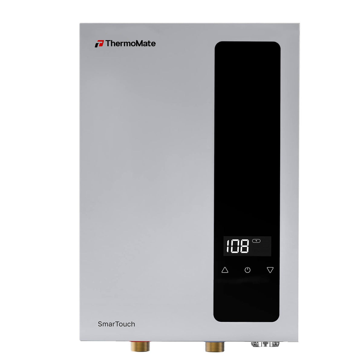 Front view of ThermoMate 14kW electric tankless water heater with gray housing and touch control display