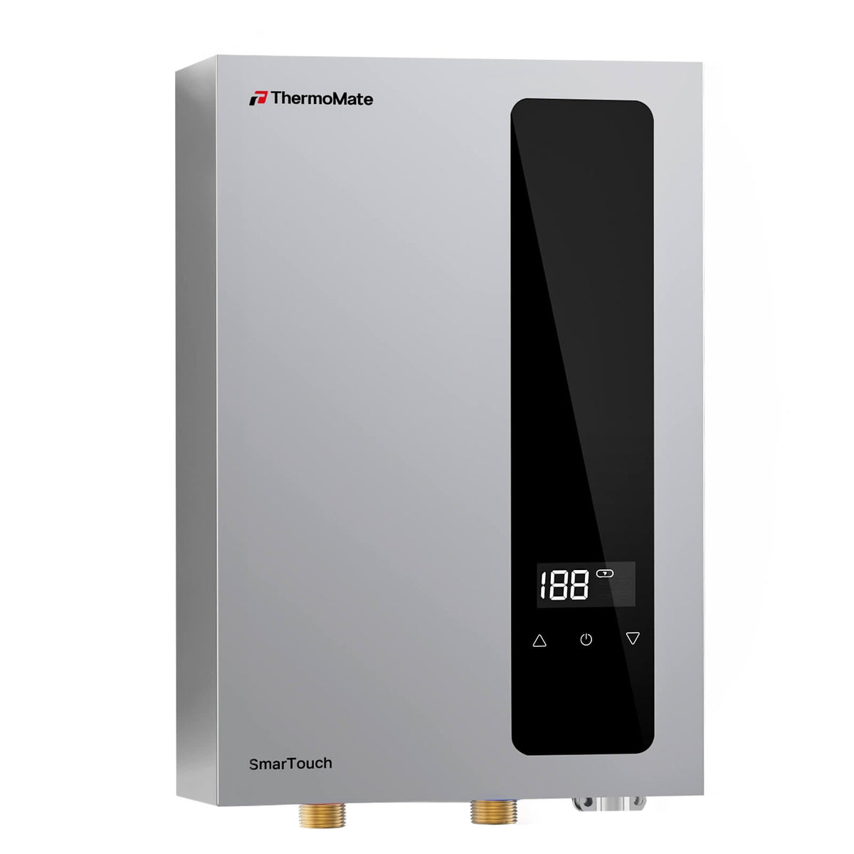 Angled product view of ThermoMate 240V electric tankless water heater with slim wall-mounted design