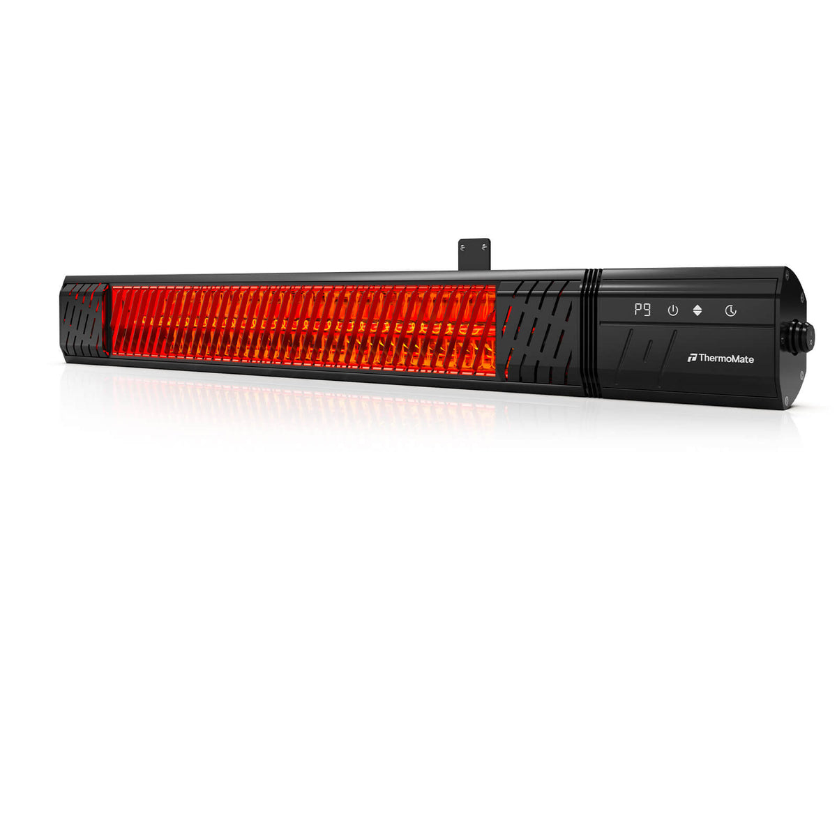 ThermoMate 1500W infrared patio heater with glowing carbon fiber heating element, black aluminum housing, and digital control panel
