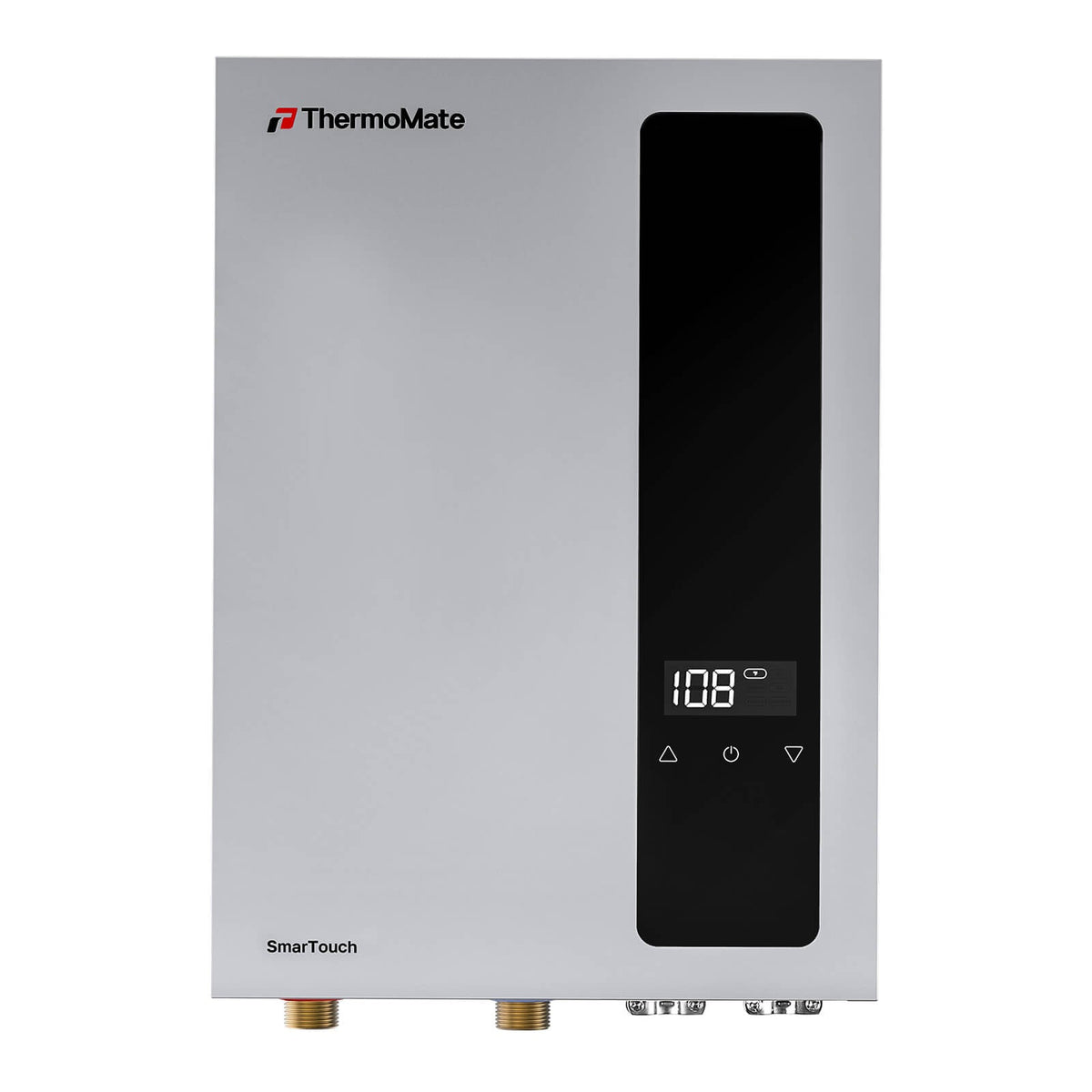 Front view of ThermoMate 18kW 240V electric tankless water heater with Smart Touch digital control panel and 3/4 inch NPT connections.