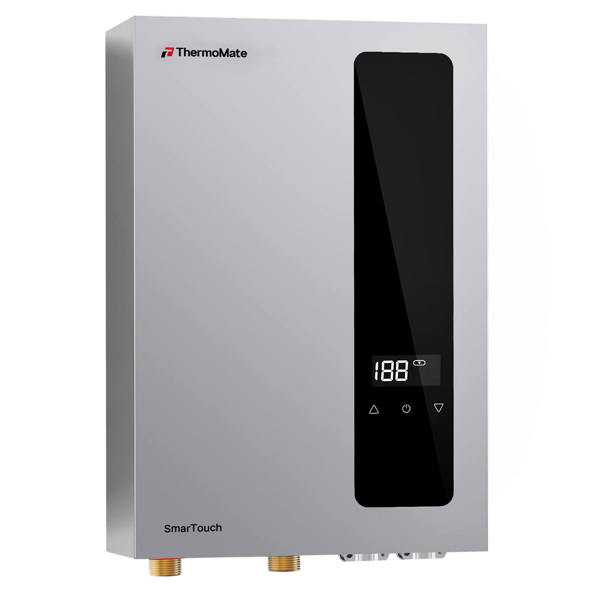 Angled side view of ThermoMate EH180 electric tankless water heater with slim wall-mounted body and digital Smart Touch controls.