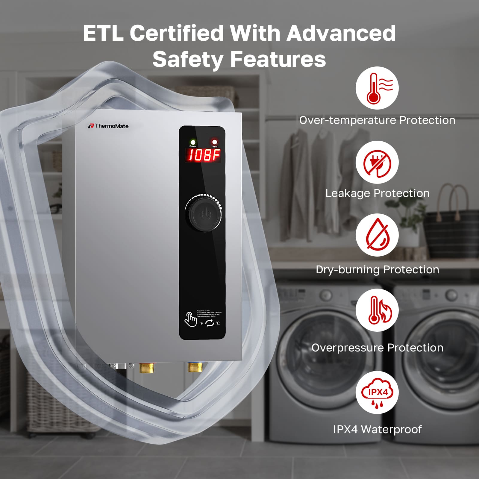 ThermoMate ET360 ETL certified electric tankless water heater with advanced safety features including over-temperature, leakage, dry-burning, overpressure, and IPX4 waterproof protection