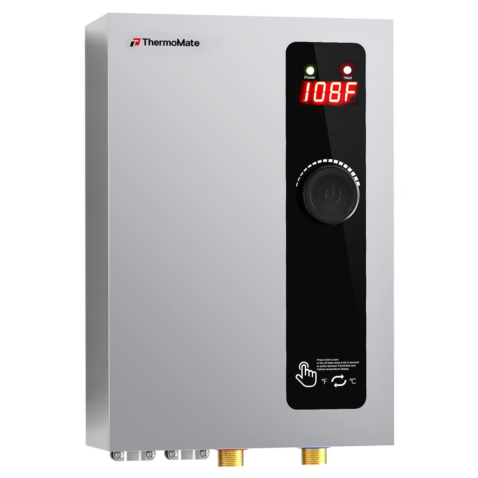 ThermoMate ET360 electric tankless water heater angled side view showing slim silver body, digital display, and bottom water connections