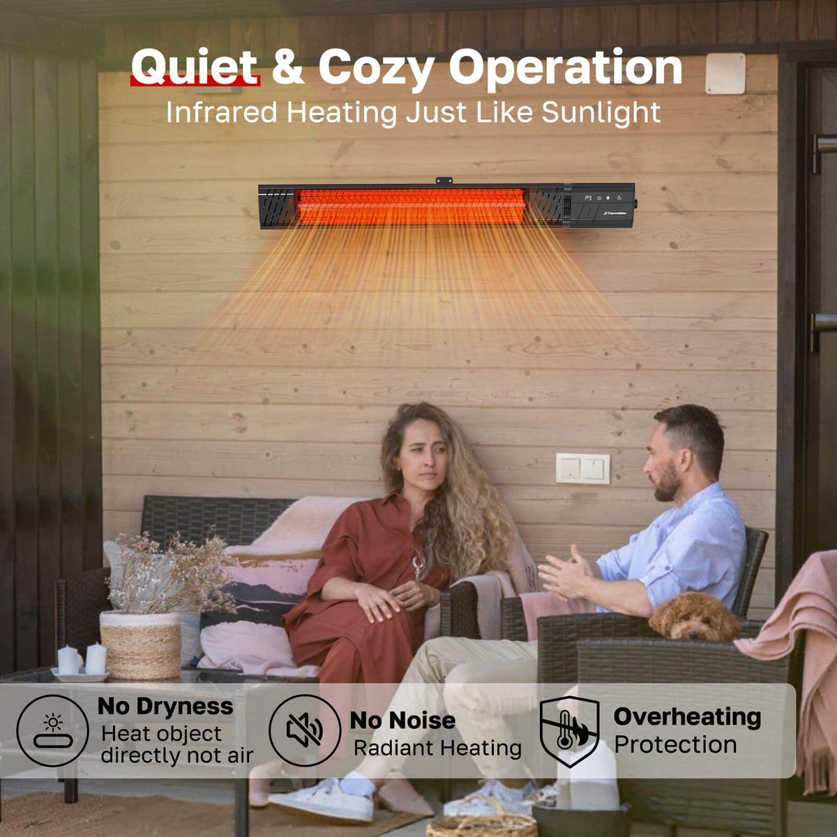 ThermoMate outdoor infrared patio heater providing quiet radiant warmth for a couple relaxing in a covered patio seating area