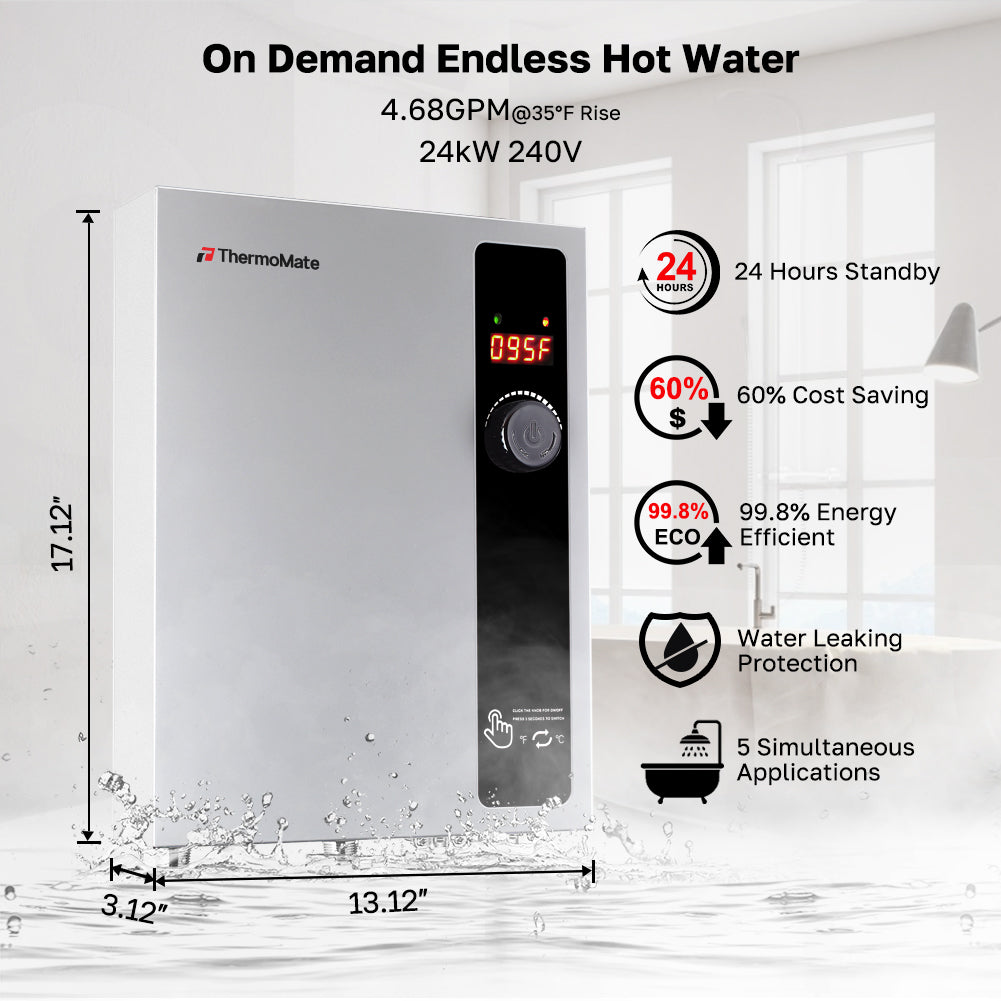 Tankless Electric On Demand Instant Hot Water Heater - 240V | 24kW