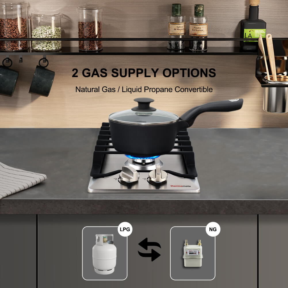 12 Inch Gas Cooktop, thermomate Built In Gas Rangetop with 2 High Efficiency SABAF Burners, NG/LPG Convertible 304 Stainless Steel Gas Stove Top with Flame Out Protection