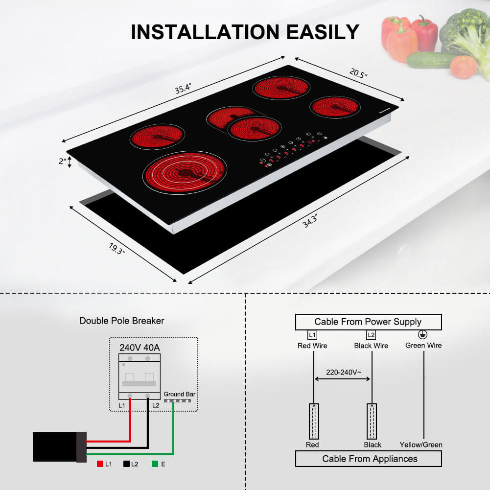 Electric Cooktop, thermomate 36 Inch Built-in Radiant Electric Stove Top, 240V Ceramic Electric Stove with 5 Burners, 9 Heating Level, Timer & Kid Safety Lock, Sensor Touch Control