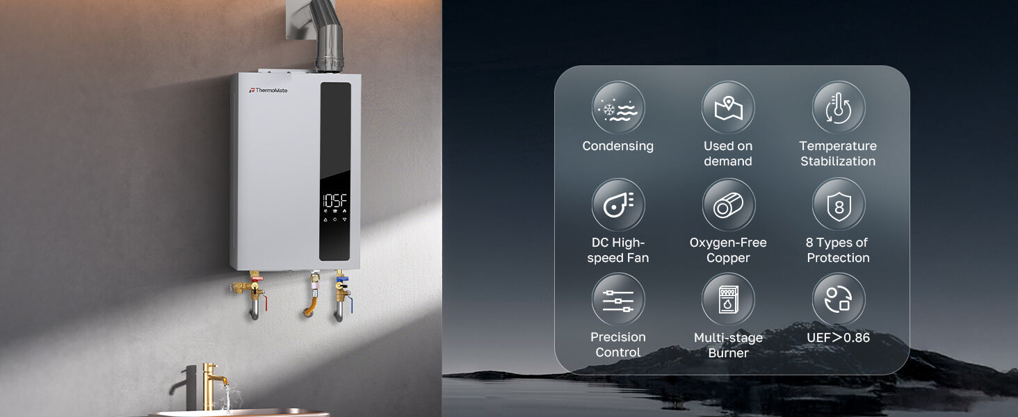 Bathroom setting with a water heater and a graphic of its features on a dark background.