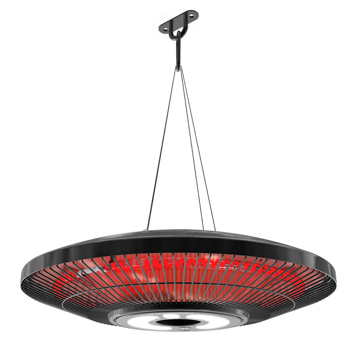 Black infrared hanging patio heater with ceiling chain mount and carbon fiber heating element