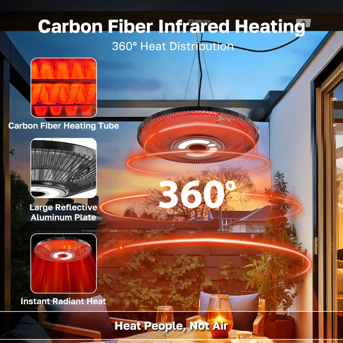 Carbon fiber infrared hanging patio heater with 360-degree radiant heat distribution for covered outdoor spaces