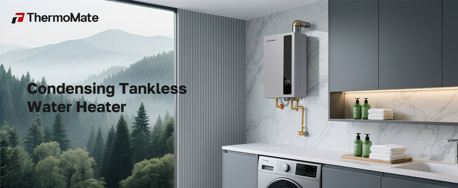ThermoMate condensing tankless water heater in a kitchen setting with a scenic background