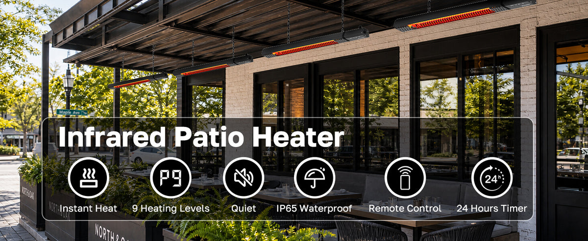 Outdoor patio heater advertisement banner over a modern brick patio with large windows, featuring text 'Infrared Patio Heater' and feature icons for instant heat, 9 heating levels, quiet operation, IP65 waterproof, remote control, and 24-hour timer.
