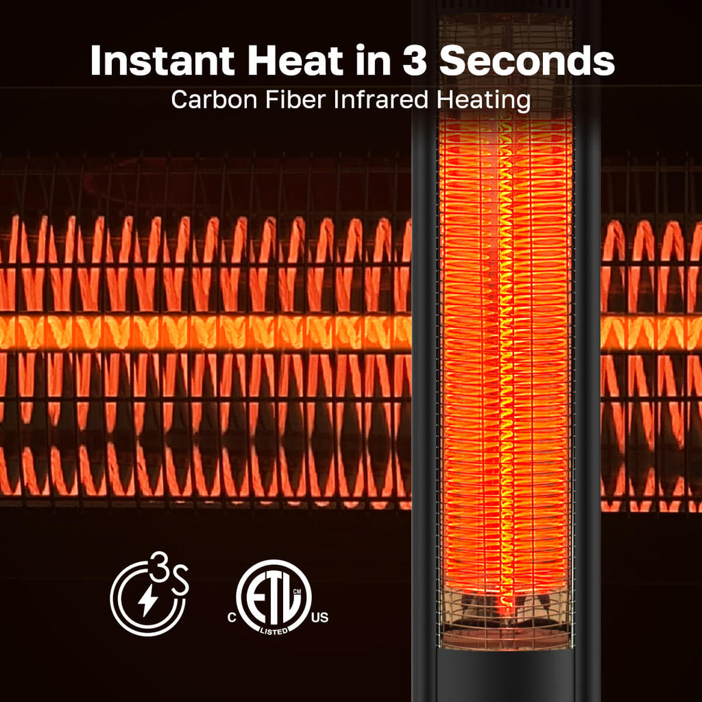 Instant Heating Electric Carbon Infrared Patio Heater - 1500W 2 Heating Levels & Timer