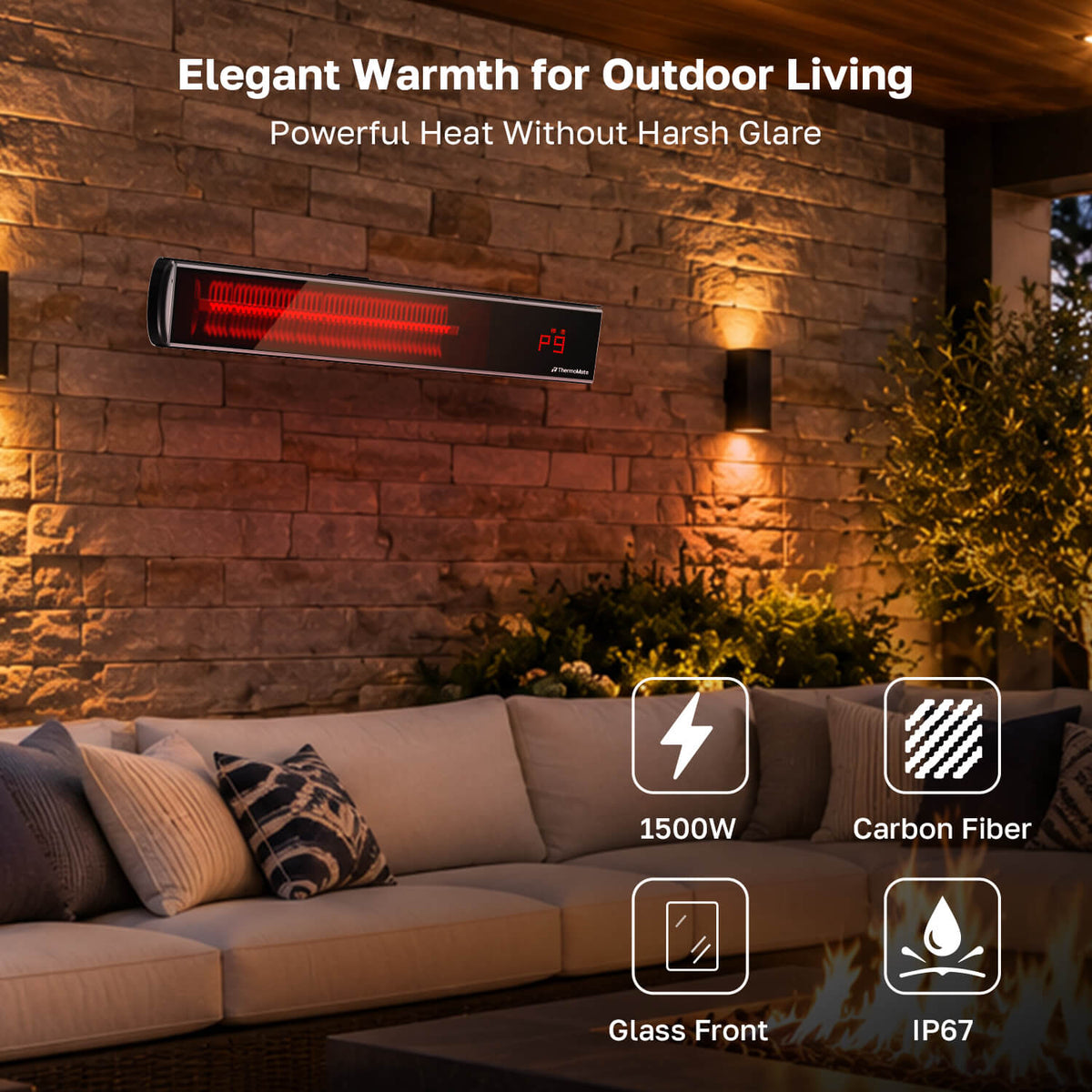 ThermoMate 1500W carbon fiber infrared patio heater with IP67 weather resistance and low-glare glass front