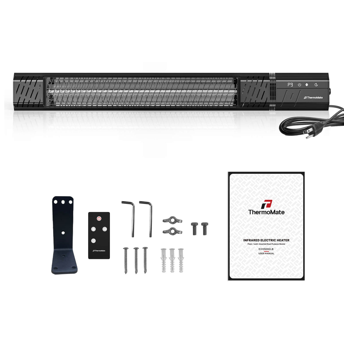 ThermoMate 1500W electric infrared patio heater with remote control, wall mounting bracket, installation hardware, and user manual