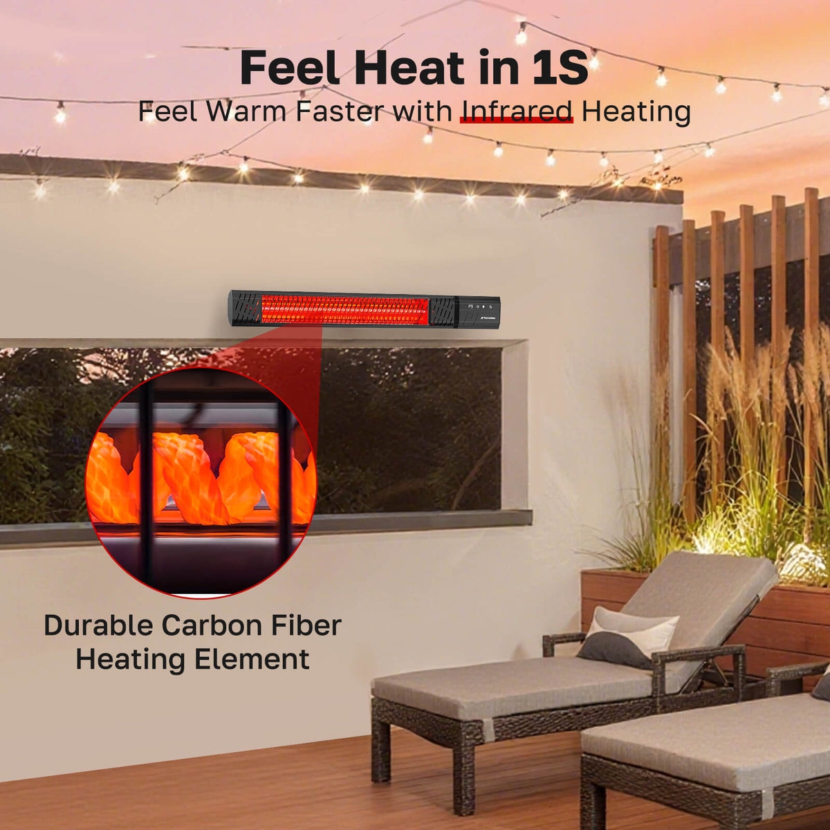 ThermoMate 1500W electric patio heater featuring fast infrared heating and a durable carbon fiber heating element for outdoor comfort