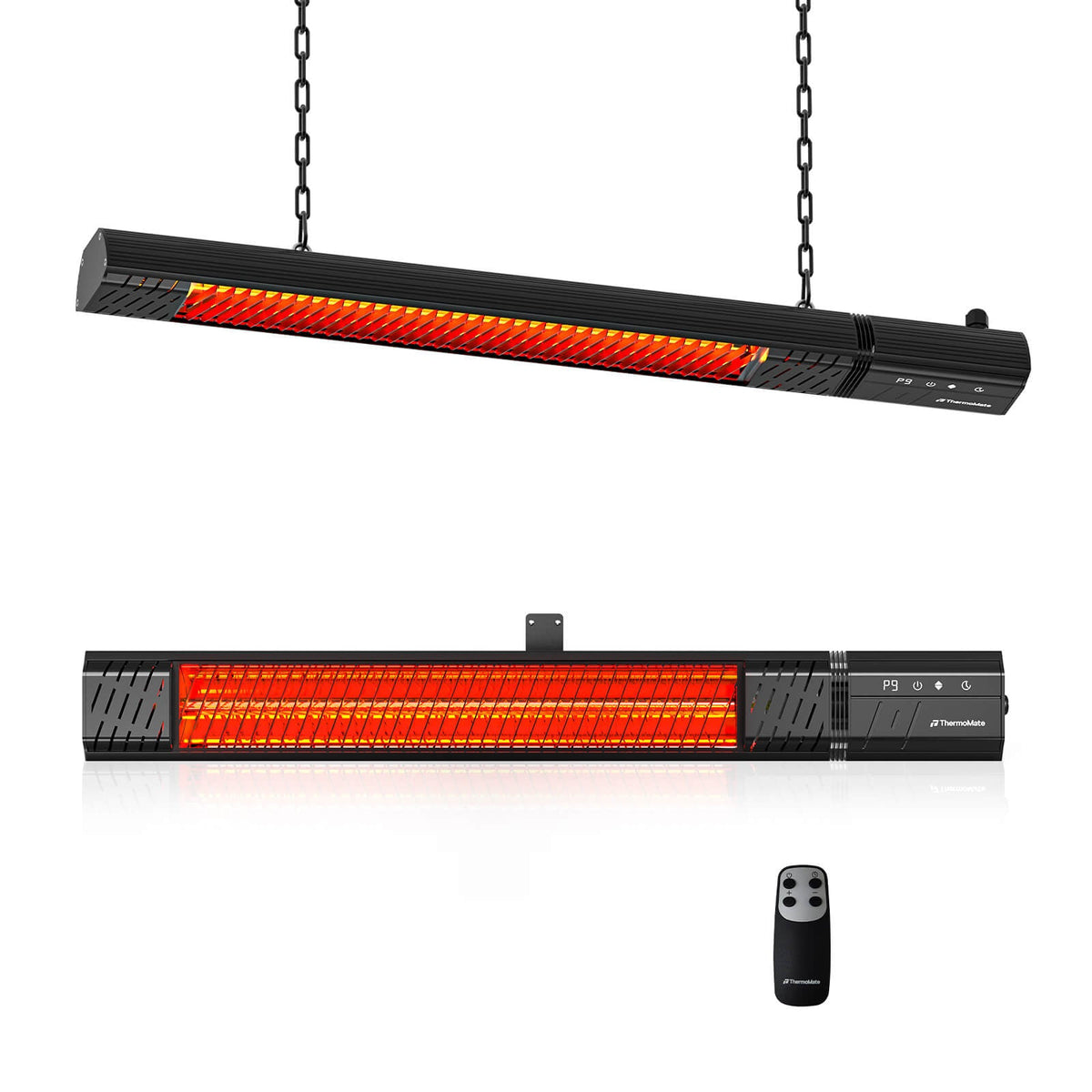 ThermoMate 1500W infrared patio heater shown with ceiling suspension and wall mounting options