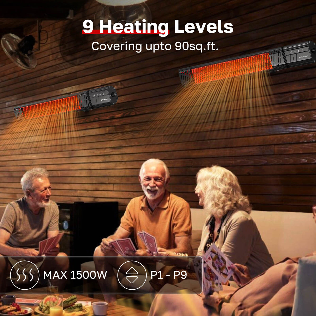 ThermoMate 1500W outdoor infrared patio heaters with 9 adjustable heating levels warming a covered seating area
