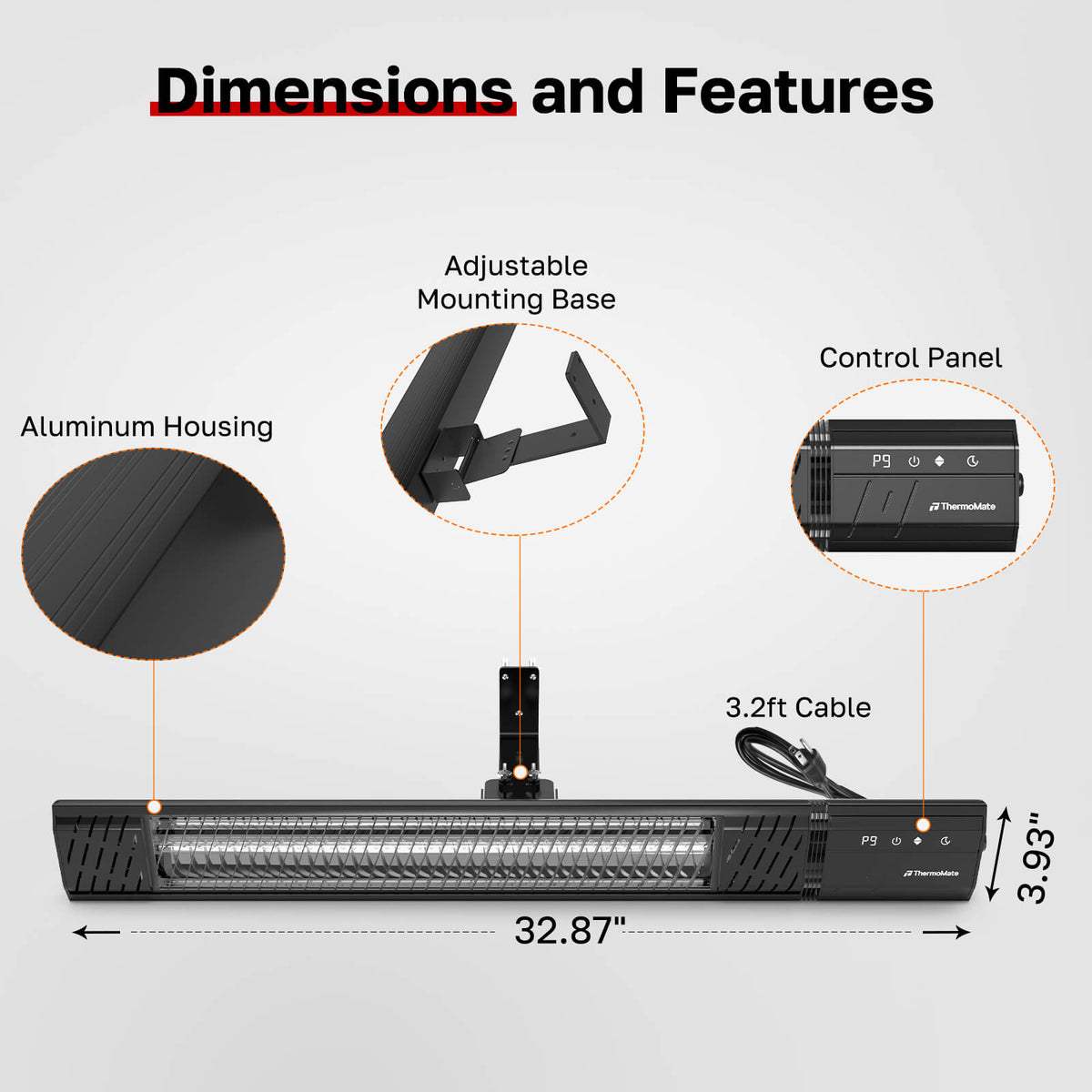 ThermoMate 1500W wall-mounted infrared patio heater dimensions showing 32.87 inch length, mounting bracket, control panel, and power cord