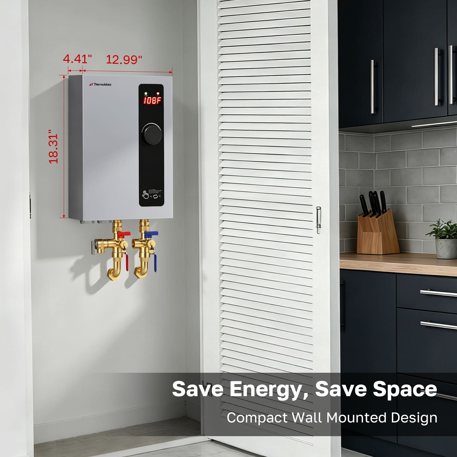 ThermoMate ET360 compact wall mounted electric tankless water heater installed in a kitchen area to save energy and space