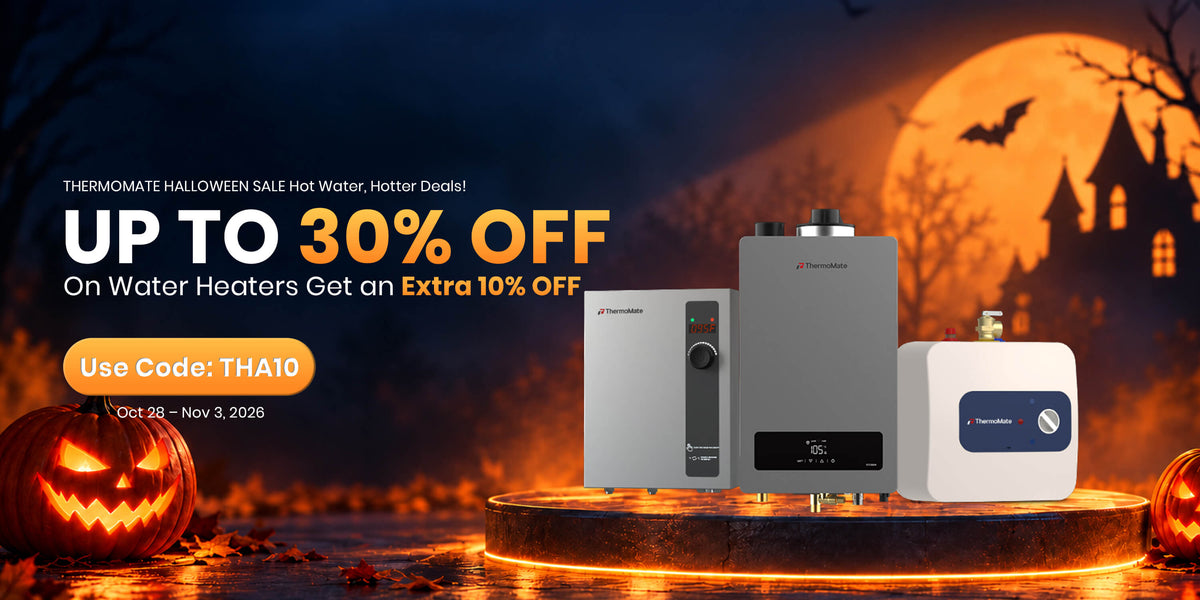 ThermoMate Halloween Sale banner showing tankless and mini tank water heaters against a glowing orange moon and haunted castle, featuring up to 30% off plus an extra 10% off.