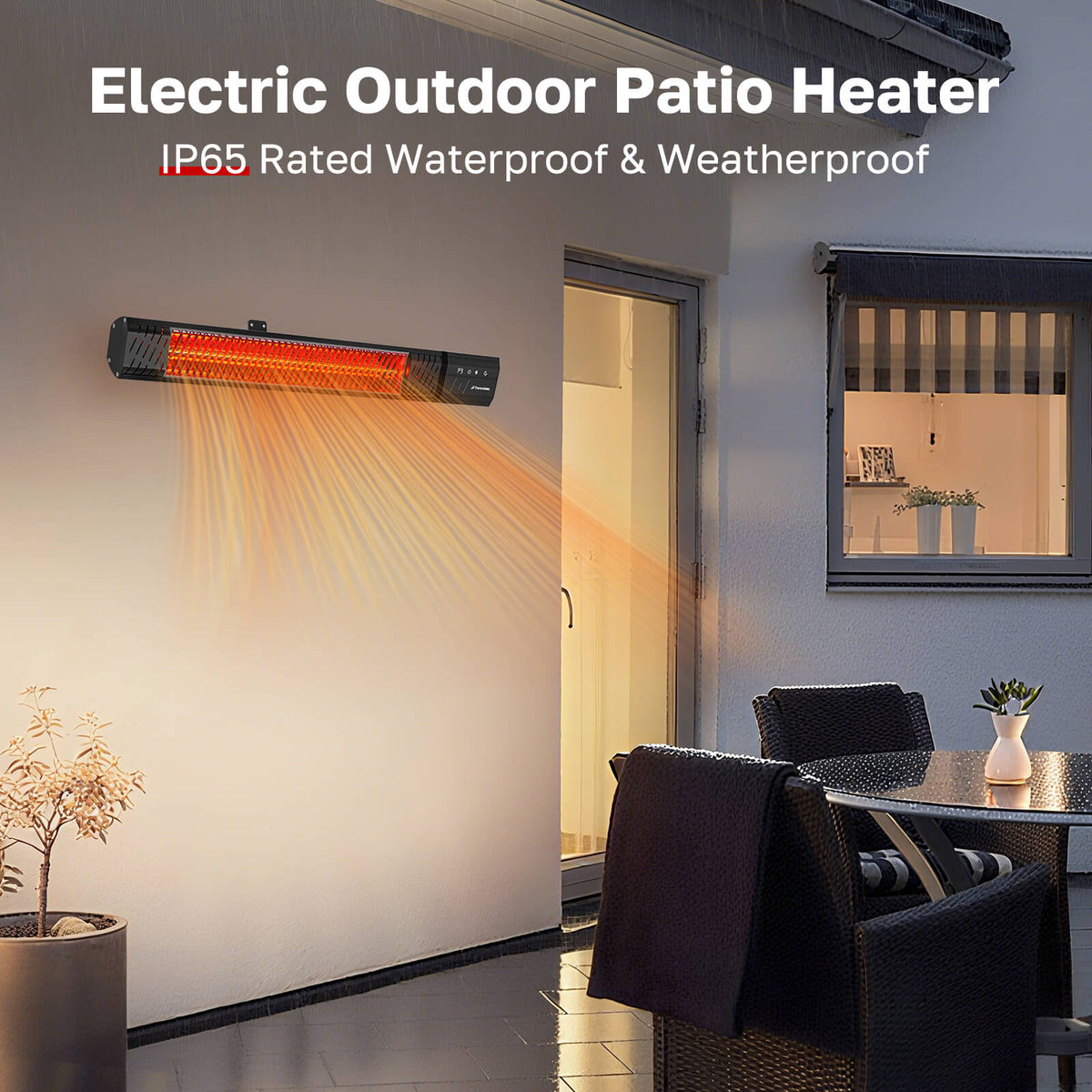 ThermoMate IP65 waterproof outdoor electric patio heater mounted on an exterior wall above a residential patio
