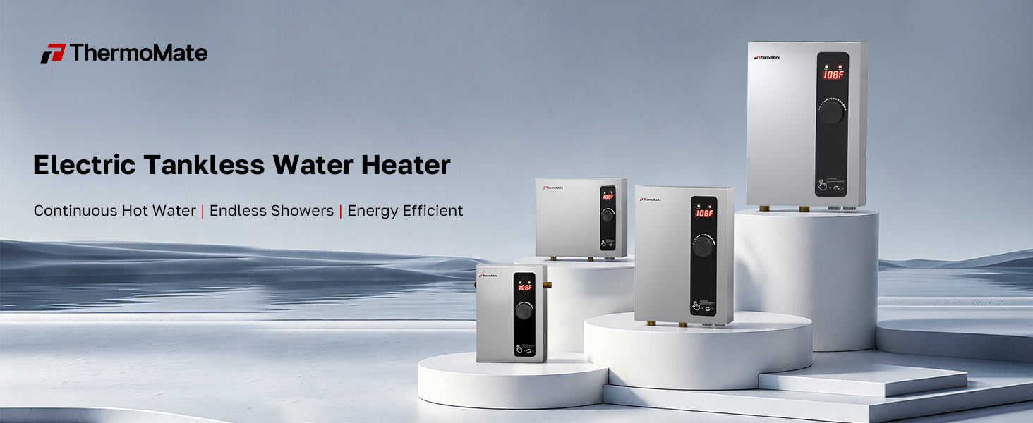 ThermoMate electric tankless water heater product lineup with compact wall-mounted units, continuous hot water, endless showers, and energy-efficient performance.