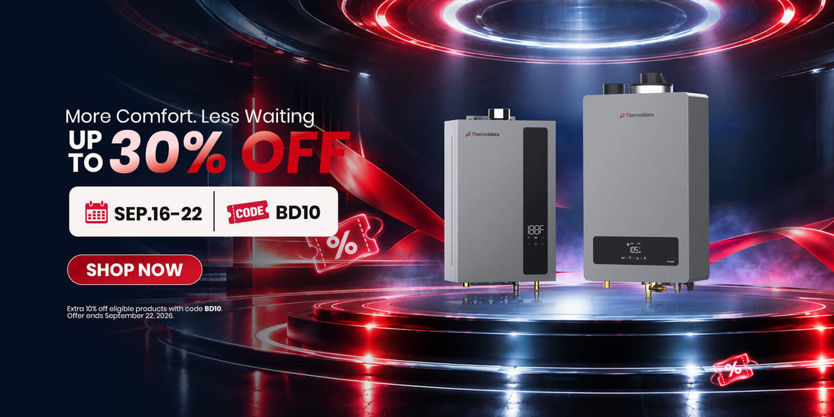 ThermoMate indoor tankless water heaters displayed for the Branding Day sale with up to 30% off and code BD10.